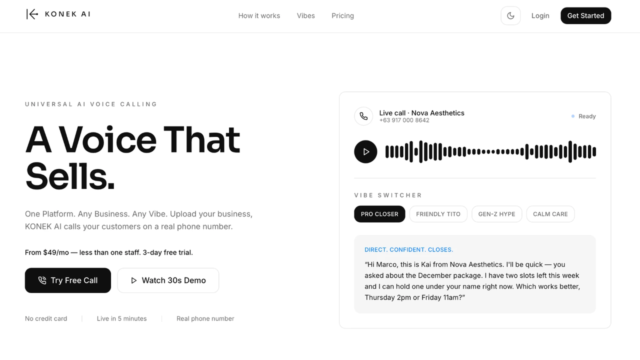 The KONEK AI homepage, showing the live call card, waveform and the Vibe Switcher presets