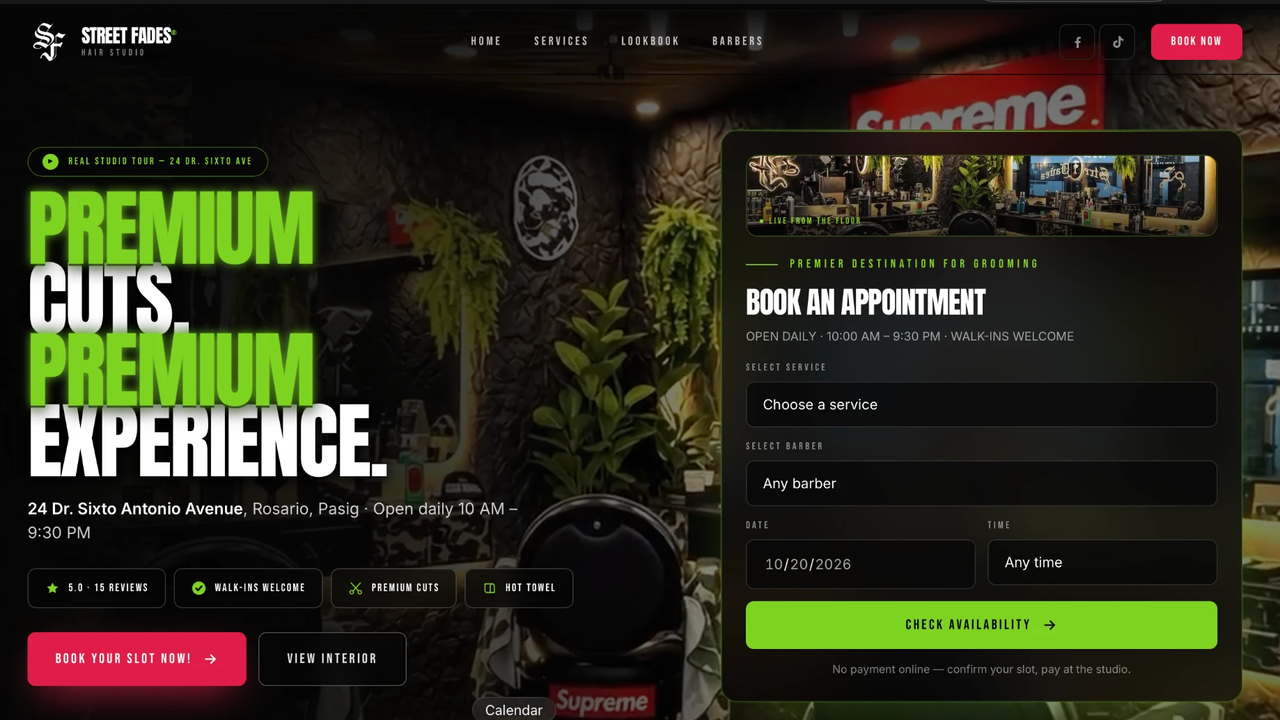 The Street Fades homepage, with the studio interior behind the booking panel for service, barber, date and time