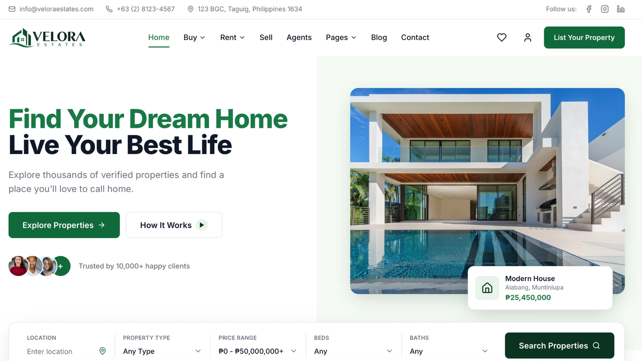 The Velora Estates homepage, with a featured property listing and the location, type, price, beds and baths search bar